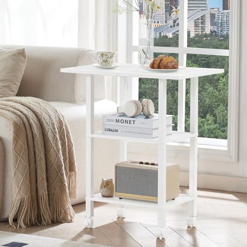 YUFAM 3 Tier Home Printer Stand with Storage, White | Wooden Mobile Printer Table Shelf, Rolling Printer Cart Shelf with Lockable Wheels fit Fax Machine, Scanner - color: White, size: 15.75"D×23.65"W×25.7"H