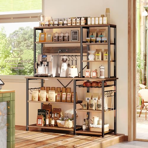 SUPERJARE Larger Bakers Rack with Power Outlets, 6-Tier Microwave Stand, Coffee Bar with 12 S-Shaped Hooks, Kitchen Shelf with Wire Basket, 47.2 x 15.5X 66.9 Inches, Rustic Brown - color: Rustic Brown, size: 47.2inch