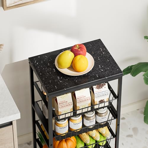 Snack Cart, 5-Tier Kitchen Carts on Wheels with Storage,Fruit Basket Stand with Pull-Out Baskets and Wood Top,Kitchen Organizer for Fruit Vegetable Snack (Black) - color: Black