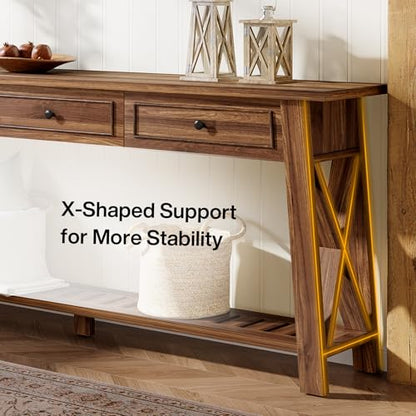 Tribesigns Console Table with 3 Storage Drawers, 70.87 Inches Extra Long Sofa Table Behind Couch with Bottom Shelf, Farmhouse Wooden Entryway Hallway Foyer Table for Living Room, Entrance (Walnut) - color: Walnut