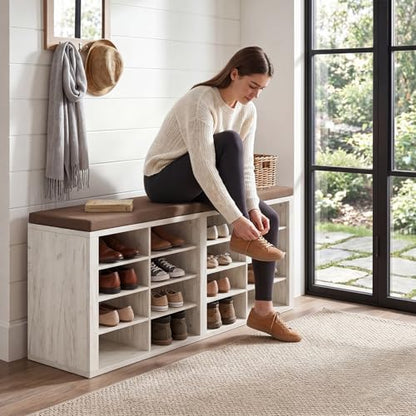 ITEFDTUTNE Shoe Rack Bench 40.94" Entryway Bench with Shoe Storage 16 Cubby Wood Shoe Organizer Bench with Removable Cushion for Hallway, Living Room, Bedroom and Garage - color: White+brown