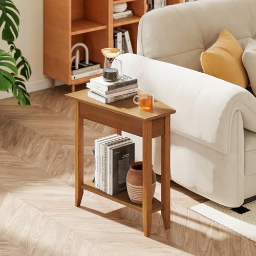 Giantex Wedge End Table, Triangle Side Table with Storage Shelf and Solid Wood Legs, 24.5" Tall Nightstand, Modern Narrow Accent Recliner Table for Small Space Living Room, Walnut - color: Light Walnut