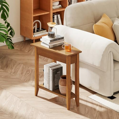 Giantex Wedge End Table, Triangle Side Table with Storage Shelf and Solid Wood Legs, 24.5" Tall Nightstand, Modern Narrow Accent Recliner Table for Small Space Living Room, Walnut - color: Light Walnut