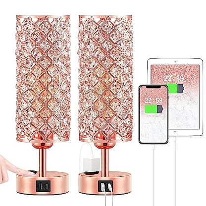 Hong-in Rose Gold Lamp Set of 2, 3-Way Crystal Table Lamp Touch Control with USB-C+A & AC Ports, Dimmable Nightstand Desk Light, Pink Bedside Table Lamp for Bedroom(Bulb Included & Set of 2) - color: Rose Gold