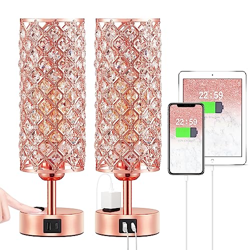 Hong-in Rose Gold Lamp Set of 2, 3-Way Crystal Table Lamp Touch Control with USB-C+A & AC Ports, Dimmable Nightstand Desk Light, Pink Bedside Table Lamp for Bedroom(Bulb Included & Set of 2) - color: Rose Gold