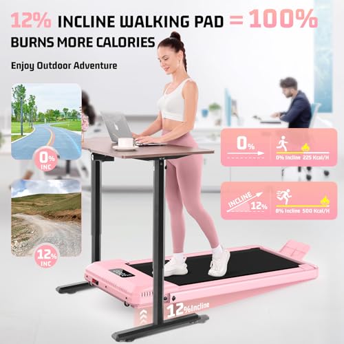 FUNMILY Upgrade Walking Pad Folding Treadmill with 12%/15% Incline & Handle Bar, 3.5HP Foldable Under Desk Compact Treadmills for Home/Office/Gym, 400+lb Capacity, Shock Absorption - color: Misty Lavender Pink
