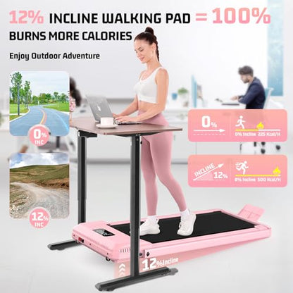 FUNMILY Upgrade Walking Pad Folding Treadmill with 12%/15% Incline & Handle Bar, 3.5HP Foldable Under Desk Compact Treadmills for Home/Office/Gym, 400+lb Capacity, Shock Absorption - color: Misty Lavender Pink