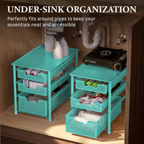 Simple Houseware Stackable 3 Tier Sliding Basket Organizer Drawer, Turquoise - color: Turquoise, size: 3-Tier