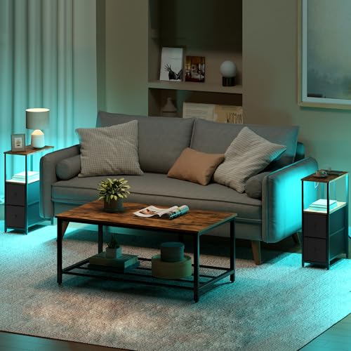 TUTOTAK Small Narrow LED End Table with Charging Station, Side Table Outlets, Nightstand with 2 Cloth Drawers, Set of 2, Couch Table, for Living Room, Bedroom, Bedside, Brown and Black TB01BB056K - color: Brown and Black, style: 2 Drawers with Plug & Ligh