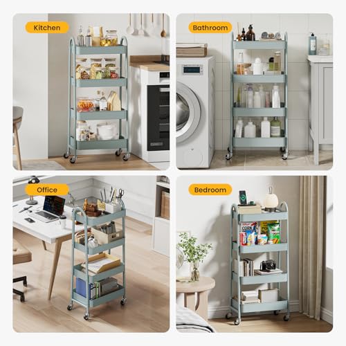 DUMOS 4 Tiers Metal Rolling Utility Cart with Lockable Wheels, Mobile Storage Organizer, Utility Shelving Unit for Kitchen, Office, Bathroom, Laundry, Narrow Places, Light Green - color: 4-tier Green