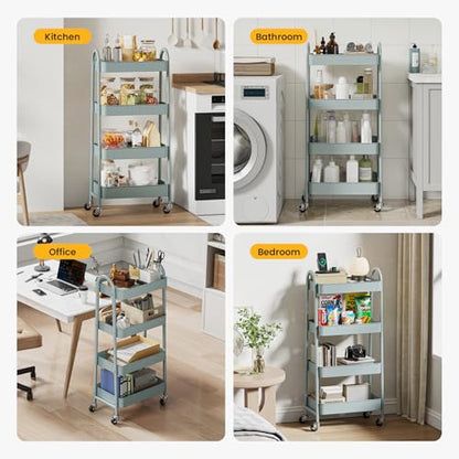 DUMOS 4 Tiers Metal Rolling Utility Cart with Lockable Wheels, Mobile Storage Organizer, Utility Shelving Unit for Kitchen, Office, Bathroom, Laundry, Narrow Places, Light Green - color: 4-tier Green