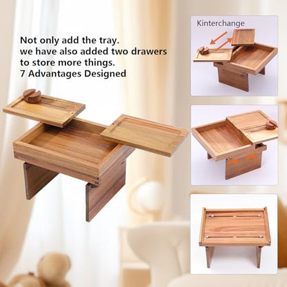 Acacia Wood Couch Arm Tray, 13.4 x 10.3 x 9.5 inches | Sofa Armrest Table, 2 Rotating Trays, 1 Storage Box, 360° Rotating Phone Holder, 4-in-1 TV Tray Table