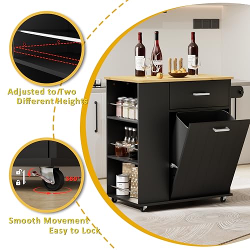 HQZX Rolling Kitchen Island with Trash Can Storage, Portable Kitchen Island on Wheels with Towel Rack & Spice Rack, Tilt Out Trash Can Cabinet with Drawer, Mobile Island Cart (Black) - color: Black