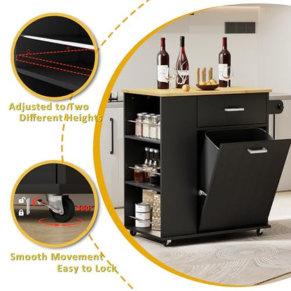 HQZX Rolling Kitchen Island with Trash Can Storage, Portable Kitchen Island on Wheels with Towel Rack & Spice Rack, Tilt Out Trash Can Cabinet with Drawer, Mobile Island Cart (Black) - color: Black