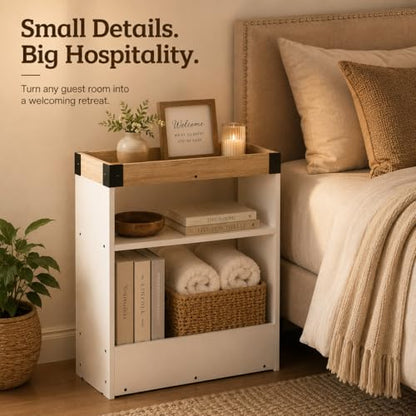 Farmhouse Narrow Side Table with Tray Top & Magazine Rack, Oak & White Sofa Couch Side Table with Storage Shelf, 24" Slim End Table for Small Spaces, Modern Nightstand for Bedroom, Living Room - color: White & Oak