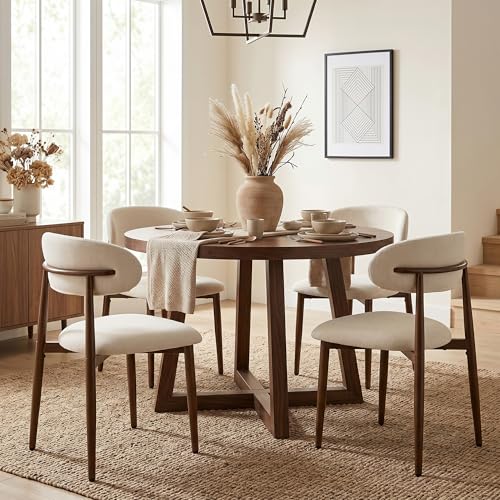 UVV Dining Chairs Set of 4, Metal Kitchen Chairs with Modern Fabric Upholstered for Dining Room, Beige - color: Beige Seat / Walnut-grain Metal Legs