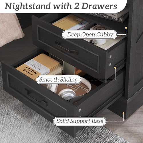 Fluest 24" Tall Farmhouse Nightstands Set of 2, Night Stands with Fast Charging Station, Beside Tables with Drawers and Open Storage, Rustic End Tables for Bedroom, Antique Black - color: Antique Black
