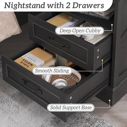 Fluest 24" Tall Farmhouse Nightstands Set of 2, Night Stands with Fast Charging Station, Beside Tables with Drawers and Open Storage, Rustic End Tables for Bedroom, Antique Black - color: Antique Black