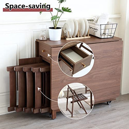 Drop Leaf Folding Dining Table with Storage, Wheels, Space Saving | Foldable Design, 18mm Thick Plywood, 300lbs Capacity, Locking Wheels, Farmhouse, for Living Room Kitchen Small Spaces, Walnut - color: Walnut