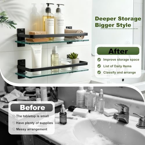 Bathroom Glass Shelf 15.7" Black Wall-Mounted, Floating Metal Storage Rack | 2 Pack Aluminum Tempered Glass 0.3in Extra Thick Rectangular，Space-Saving Design - color: Black 2 Pack