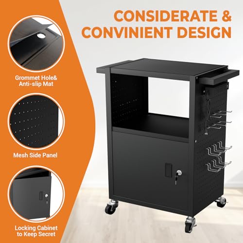 Mobile AV Cart with Push Handles, Heavy Duty Rolling Media Cart with Customized Pegboard & Hooks, Multipurpose Utility Cart with Extra Storage Space, 4 Outlets - size: Style 3 31.5Dx18Wx40H