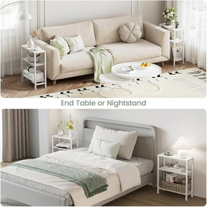Narrow Side Table Set of 2 for Small Space, 2-Tier Small End Table with Shelf Holder, Slim Nightstand, Skinny Snack Couch Table in Living Room, Bedroom, Study, Kitchen and Balcony (White) - color: White