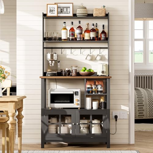 ChooChoo Farmhouse Coffee Bar Cabinet with Storage, Bakers Rack with Power Outlets, Microwave Stand Kitchen Cabinet with Hutch and 6 Hooks, Black - color: Black