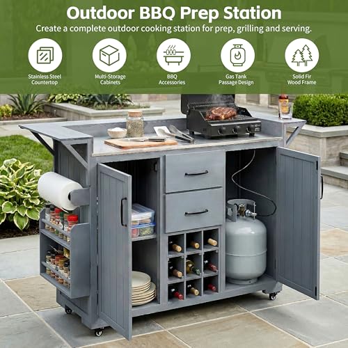 Modern 60.2''W Outdoor Kitchen Island with Wheels, Rolling Patio BBQ Kitchen Cart with Stainless Steel Top, Wood Grill Cart with Spice Rack&Wine Rack,2 Drawers, Gray - style: Gray