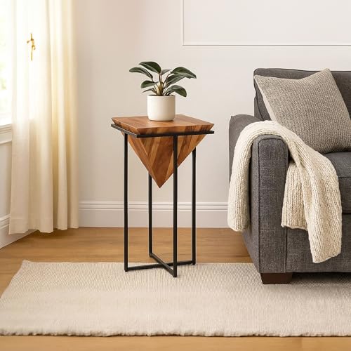 The Urban Port 30 Inch Pyramid Shape Wooden Side Table | Brown Finish, Cross Black Metal Base, Modern Accent End Table, For Living Room, Bedroom, Entryway, Lounge, Home Decor Display - size: 30-Inch