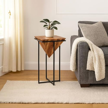 The Urban Port 30 Inch Pyramid Shape Wooden Side Table | Brown Finish, Cross Black Metal Base, Modern Accent End Table, For Living Room, Bedroom, Entryway, Lounge, Home Decor Display - size: 30-Inch