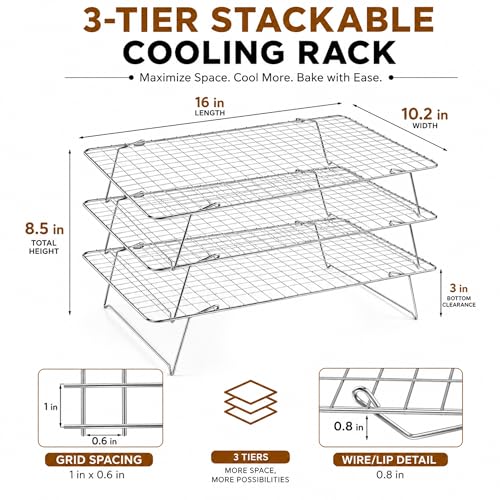 Cooling Rack 16"x10", 3-Tier Stackable & Collapsible Cooling Racks | Cooling Racks for Cooking and Baking, Roasting, Grilling, Oven & Dishwasher Safe (Silver, 3-Tier) - color: Silver, size: 3-Tier