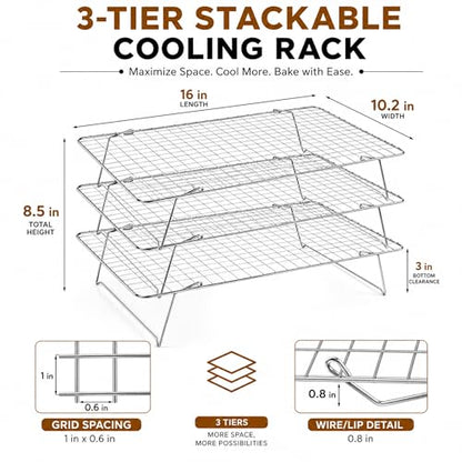 Cooling Rack 16"x10", 3-Tier Stackable & Collapsible Cooling Racks | Cooling Racks for Cooking and Baking, Roasting, Grilling, Oven & Dishwasher Safe (Silver, 3-Tier) - color: Silver, size: 3-Tier