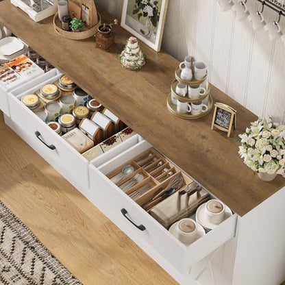 HOSTACK 71"W Farmhouse Kitchen Sideboard Buffet Cabinet with Storage, White | Large Coffee Bar Cabinet with 3 Wide Drawers, Long Buffet Table with Shelves, Kitchen Storage Cabinet for Dining Room - color: White