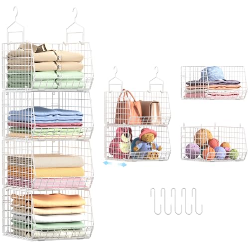 4" Extra Deeper Foldable Hanging Closet Organizer, Small Wire Cabinet Shelves and Storage with 5 S Hooks,4 Tier Metal Basket Bins for Clothes Sweaters Handbags, Wardrobe for Kitchen Laundry Room，White - color: White, size: 4-Tier