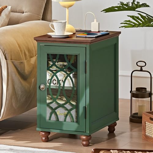 Joaxswe Narrow Side Table with Charging Station, Night Stand with Glass Door, Bedside End Tables with Adjustable Shelf Storage Cabinet,Wood Nightstand for Small Spaces Living Room Bedroom - color: Christmas Green, size: with Charger