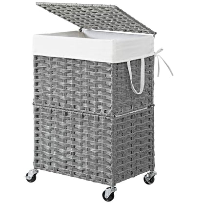 Chrislley 90L Slim Laundry Hamper with Wheels, Rolling Laundry Basket with Lid and Renovable Liner Bag, Handwoven Rattan Organizer for bedroom, bathroom, laundry room (Grey) - color: Grey
