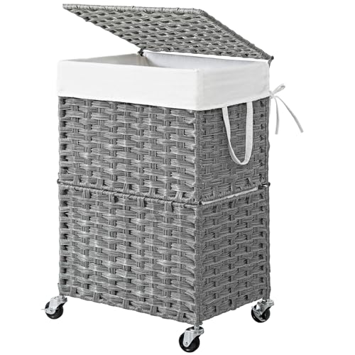 Chrislley 90L Slim Laundry Hamper with Wheels, Rolling Laundry Basket with Lid and Renovable Liner Bag, Handwoven Rattan Organizer for bedroom, bathroom, laundry room (Grey) - color: Grey