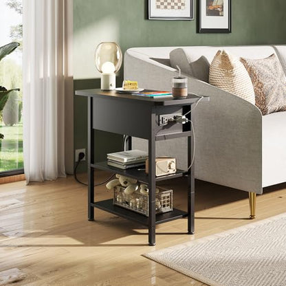 WLIVE 3-Tier End Table with Charging Station, Flip Top Narrow Side Table with Storage Shelf, Small Nightstand with USB Ports and Outlets,Bedside Table for Living Room, Bedroom - color: Black