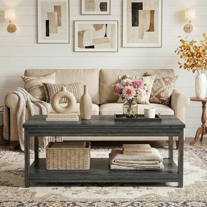 Homieasy 43.3” Rectangular Coffee Table with Storage Shelf, Grey | Farmhouse Wood Center Table for Living Room, Modern Black Tea Table with Open Shelf - color: Grey