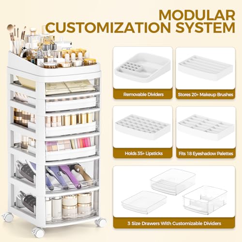 Rolling Cart with 6 Drawers, Clear Plastic Drawer Organizers, Dust Proof Under Desk Storage for Makeup, Skincare, Art Crafts and Baby Items, Acrylic Cosmetic Organizer with Dividers, Vanity Cart - size: 6 Tier