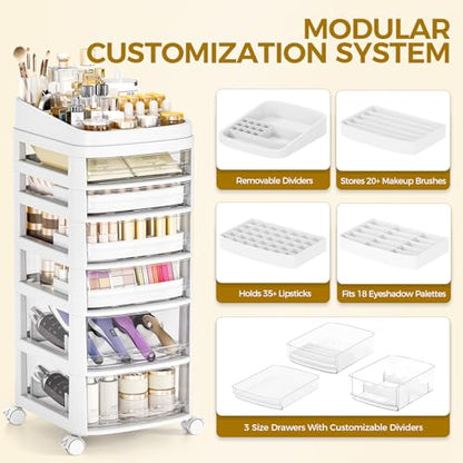 Rolling Cart with 6 Drawers, Clear Plastic Drawer Organizers, Dust Proof Under Desk Storage for Makeup, Skincare, Art Crafts and Baby Items, Acrylic Cosmetic Organizer with Dividers, Vanity Cart - size: 6 Tier