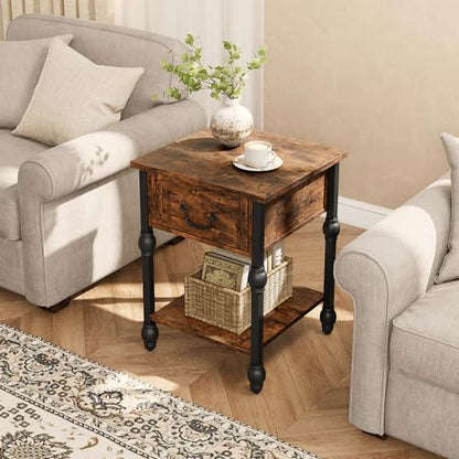 GarveeHome End Table, Industrial Side Table with Storage, 2 Tiers Nightstand with Drawer, Featured Bedside for Bedroom, Living Room and Small Space, Retro Brown