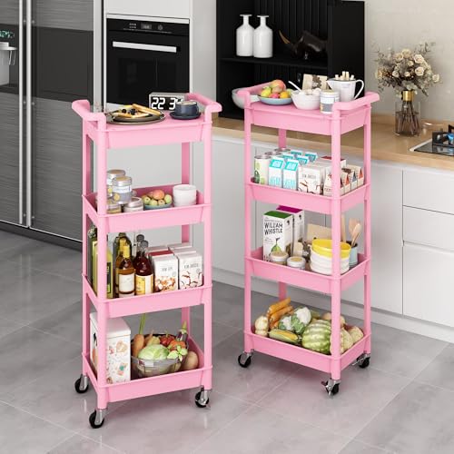 MIOCASA Utility Rolling Cart with Detachable Tray Top, 4-Tier Kitchen Storage Organization, Art Cart with Wheels for Office, Classroom, Livingroom, Kitchen, Bathroom (Pink, 4-Tier-Plastic) - size: 4-Tier, style: Pink