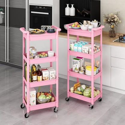 MIOCASA Utility Rolling Cart with Detachable Tray Top, 4-Tier Kitchen Storage Organization, Art Cart with Wheels for Office, Classroom, Livingroom, Kitchen, Bathroom (Pink, 4-Tier-Plastic) - size: 4-Tier, style: Pink