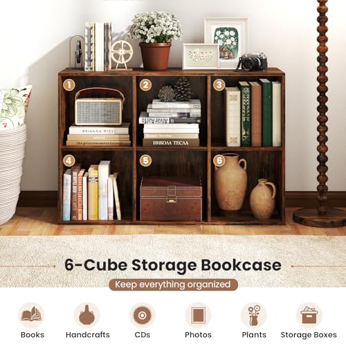 Giantex 6-Cube Bookcase, 3-Tier Cubby Bookshelf, Horizontal Vertical Display Rack with Anti-Tipping Kits, Modern Storage Organizer Shelf Unit for Living Room, Home Office, Rustic Brown | Horizontal Vertical Display Rack with Anti-Tipping Kits, Modern Stor