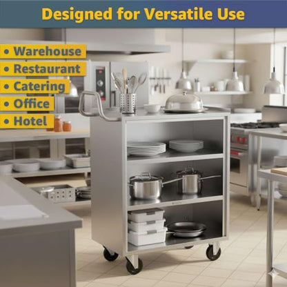 18" x 30" Commercial NSF Stainless Steel Utility Cart with Enclosed Base and Open Front - 4 Shelves, Heavy Duty Mobile Service Cart, Rolling Cart for Kitchen, Catering, Restaurant Storage - size: 4 Shelf