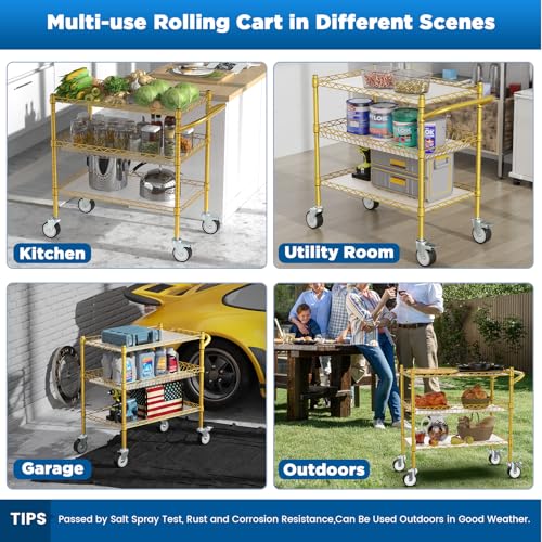 Leteuke 3 Tier Rolling Carts with Wheels, Heavy Duty Rolling Utility Cart | NSF Commercial Grade Metal Cart with Handle&Shelf Liner,Trolley Serving Cart for Kitchen,Restaurant,Plant Display,Gold - color: Gold