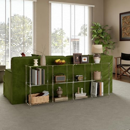 Acrylic Long Bookshelf, Low Horizontal Bookcase with 8 Cube Storage, 3-Tier, Modern Clear Open Book Shelf for Living Room, Office,Bedroom, 11.8''D x 62.2''W x 26.6''H