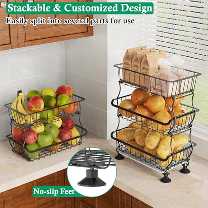 OKZEST 5 Tier Fruit Basket for Kitchen, Stackable Bins Wire Rack with Wheels, Fruit and Vegetable Storage Basket Pantry Food Snack Organizer Shelf, Kitchen Storage Cart for Onion and Potato, Produce | Kitchen pantry organizer rack with dirt catch tray, Ro