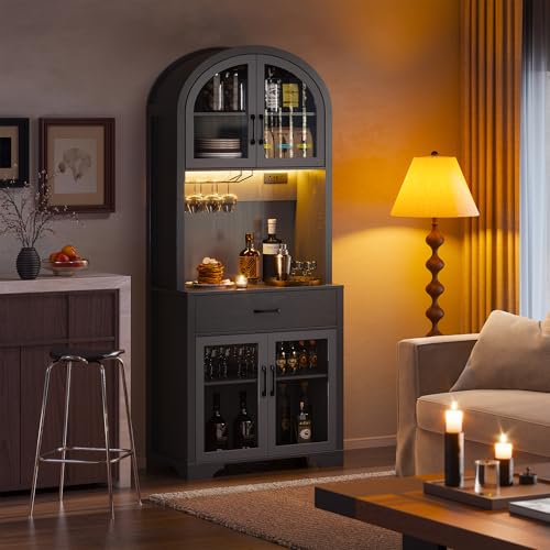 Arched Kitchen Pantry Storage Cabinet, Black Wooden Coffee Bar Cabinet with Drawers, Kitchen Hutch Dining Room Storage Cabinet with Charging Station and LED Light, Kitchen Hutch with Countertop - color: Black
